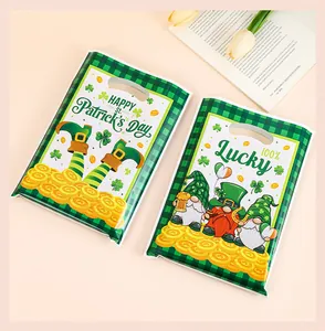 Detail showing St. Patrick's Day plastic gift bags with shamrock and gnome prints