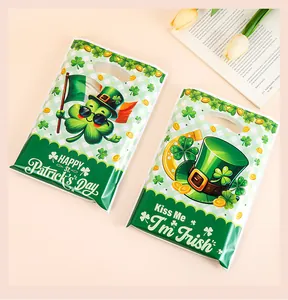 Green St. Patrick's Day gift bags featuring festive shamrock and leprechaun hat prints