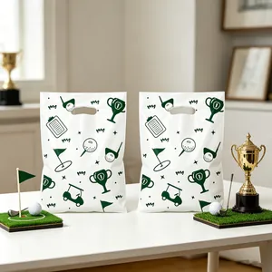 Golf themed white plastic party favor bags featuring green sports pattern and handle