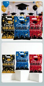 Detailed view of plastic graduation gift bags in black, blue, and red colors