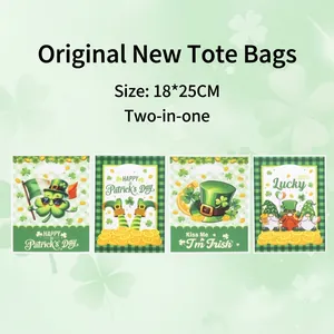 St Patrick's Day Plastic Gift Bags Green Four Leaf Clover Shamrock Print Handle Candy Bags For Irish Festival Party Favors