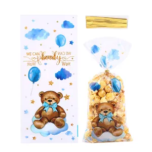 Cute bear and blue balloon OPP packaging bags for candy and cookies with gold ties