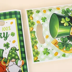 St. Patrick's Day themed green clover plastic gift bags with gnome and lucky prints