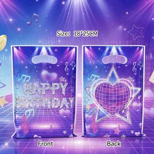 Sacs Cadeaux de Fête d'Anniversaire Thème Musique Disco Emballage en Plastique Avec Poignée Néon Violet Bleu Impression de Bonbons