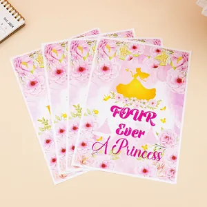 Sacs de fête 4ème anniversaire princesse rose avec silhouette jaune et fleurs roses