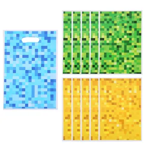 Pixel mosaic print pearlescent film gift bags with die-cut handles for party favors