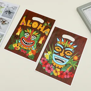 Vibrant Hawaii Aloha theme plastic gift bags with Tiki tribal mask prints for tropical parties
