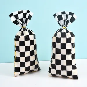 Set of black and white checkered OPP treat bags for cookies and candies with gold ties