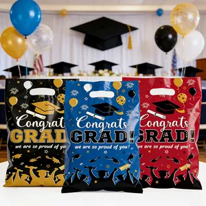 Graduation party plastic gift bags with handles in black blue and red
