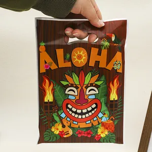Tropical Hawaiian ALOHA party plastic gift bag with tiki mask and colorful prints.