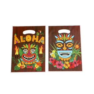 Two Hawaiian Aloha party gift bags with tropical tiki mask prints for birthdays