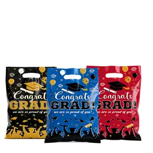 Three-color set of graduation gift bags with handles featuring celebratory prints
