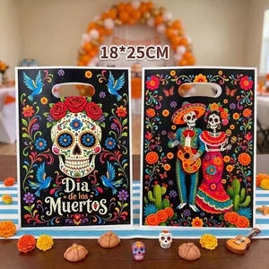 Set di sacchetti regalo in plastica per il Giorno dei Morti con teschi e fiori colorati.