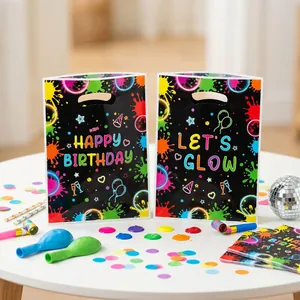 Vibrant neon splash birthday gift bags featuring Happy Birthday and Let's Glow text