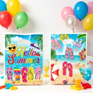 Sommerliche Strand-Geschenktüten aus Kunststoff mit bunten Flip-Flop-Mustern und Griff