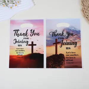 Sacchetti Regalo Religiosi con Croce Cristiana e Scritta Thank You in Pellicola Perlacea con Manico Fustellato Borse di Plastica con Stampa Versetti Biblici per Feste Matrimonio Chiesa
