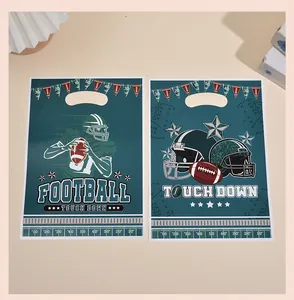 Detailed view of two American football themed gift bags for birthday party favors
