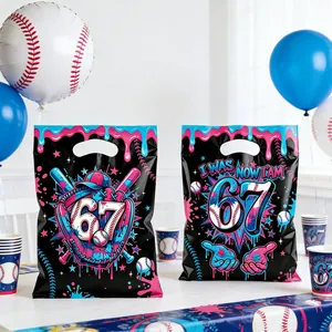 Baseball party gift bags set with number 67 and 'I WAS 6 NOW I'M 7' vibrant prints