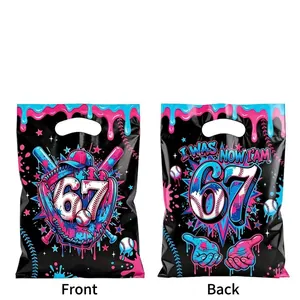 Baseball theme plastic gift bags with 67 and I WAS NOW I AM graffiti design