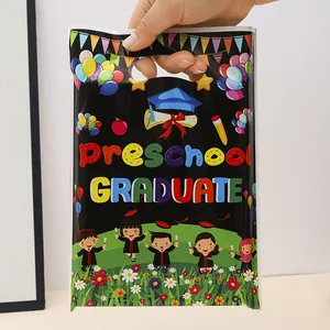 Colorful preschool graduate plastic gift bag with cartoon kids and die-cut handle for party