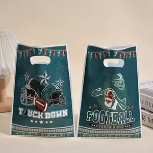 Green American football theme plastic gift bags with handles for sports party favors