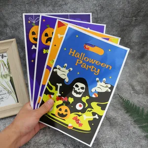 Colorful Halloween party plastic gift bags featuring pumpkin, skull and ghost prints
