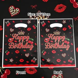 Happy Birthday Plastic Gift Bags Black Leopard Print Heart Cherry Lip Pattern Tote Handbags Portable Candy Packaging Bags For Party Celebration