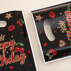 Festive black Happy Birthday plastic gift bags featuring cherry and leopard print designs