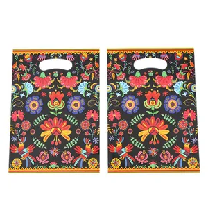 Vibrant ethnic style floral plastic gift bags with handles and colorful folk patterns