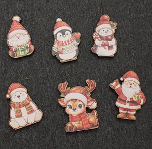Detailed view of six cartoon Christmas wooden tabletop ornaments with festive characters