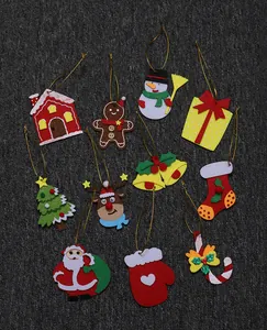 Detailed view of various colorful Christmas felt ornaments with reindeer and Santa Claus