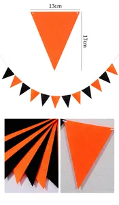 Detailed macro view of orange and black Halloween triangle bunting flags with dimensions