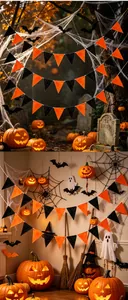 Detailed Halloween decoration setup featuring orange and black triangle bunting banners.
