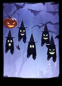 Glowing Halloween witch hat ghost and pumpkin hanging ornaments in spooky forest scene.