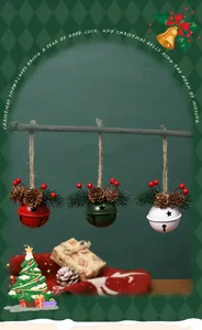 Red green and white Christmas bell ornaments with pine cones and berries detail