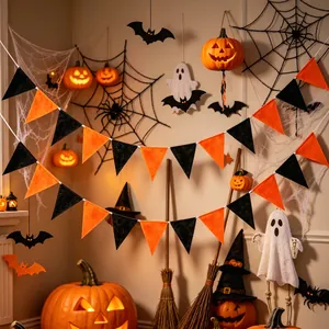Orange and black Halloween non-woven triangle bunting garland for party decoration