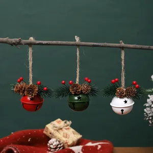 Christmas Bell Hanging Ornament With Pine Cone Berry Decor Metal Star Hollow Out Jingle Bell For Christmas Tree Home Decor