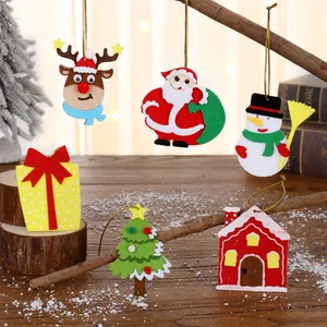 Assorted handmade felt Christmas ornaments featuring Santa Claus, reindeer and snowman