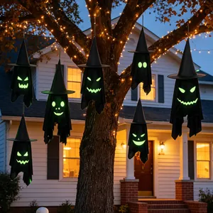 Glowing Halloween witch hat ghost hanging decorations for outdoor yard and party decor