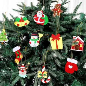 Colorful felt Christmas tree ornaments including Santa, snowman, and reindeer pendants