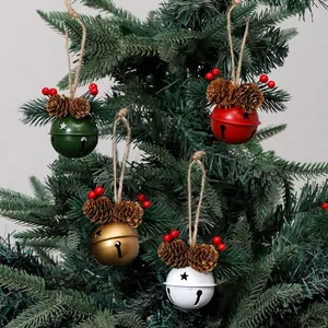 Set of 4 festive Christmas tree bell ornaments with natural pinecones and red berries decor