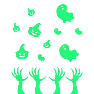 Stickers muraux Halloween fluorescents avec fantômes verts, citrouilles et mains d'horreur.