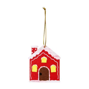 Red felt house Christmas ornament for tree decoration with white snowy roof detail