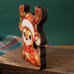 Cartoon wooden Christmas reindeer desktop ornament with scarf and hat
