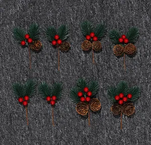 Set of 8 Christmas decorative picks with pine needles, red berries and pine cones
