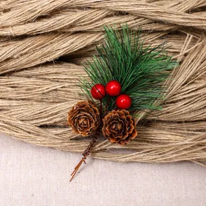 Christmas Pine Needle Branch Decor Artificial Pine Cone Red Berries Stem For Xmas Tree DIY Crafts Holiday Home Decoration Accessory
