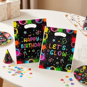 Neon splatter glow party gift bags with Happy Birthday and Let's Glow text design