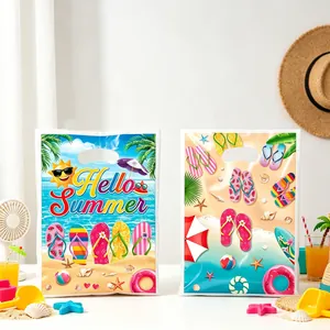 Vivaci sacchetti regalo estivi in plastica con motivi a infradito e pratici manici.