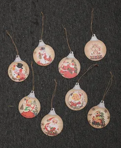 Set of 8 vintage wooden flat Christmas ornaments with retro illustrations on dark background