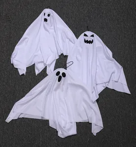 Set of three white Halloween LED hanging ghosts with scary expressions for decor